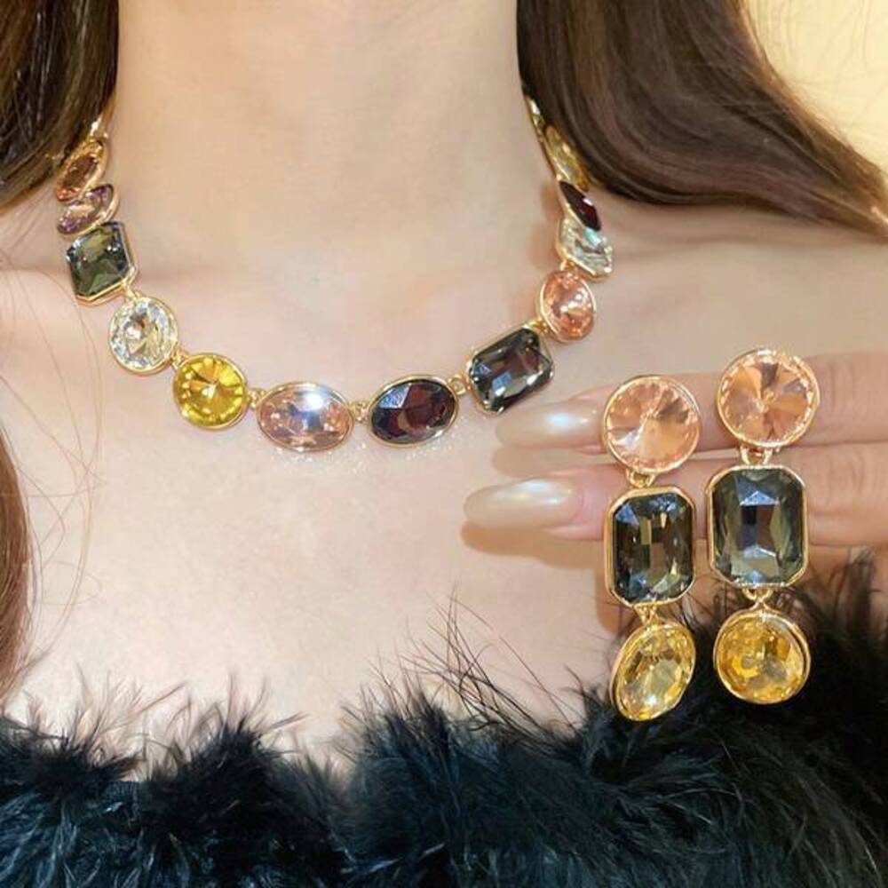 3PC Geometric Square Non-Pierced Ear Clip Earrings Necklace Set Retro Li